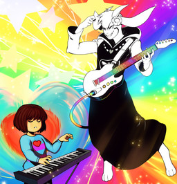 ambiguous_gender anthro bodily_fluids brown_hair clothing crying duo electric_guitar electronic_musical_instrument electronics eyes_closed flower fur guitar hair heart_symbol horn keyboard_instrument long_ears male musical_instrument musical_keyboard plant playing_guitar playing_music plucked_string_instrument rainbow smile star string_instrument tears white_body white_fur modeseven undertale undertale_(series) asriel_dreemurr_(god_form) frisk_(undertale) boss_monster_(undertale) bovid caprine goat human mammal soul_(undertale) 2015 hi_res