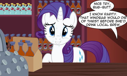 alcohol anthro beer beer_bottle beverage blue_eyeshadow bodily_fluids bottle cash_register container cutie_mark eyeshadow female hair horn makeup purple_hair purple_tail six-pack solo sweat sweatdrop tail text white_body badumsquish friendship_is_magic hasbro my_little_pony mythology ocellus_(mlp) rarity_(mlp) disguised_changeling equid equine mammal mythological_creature mythological_equine unicorn english_text hi_res