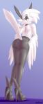 anthro blue_eyes butt feathers female looking_at_viewer simple_background solo white_body white_feathers winged_arms wings gobanire feather_6 breezy_(lotp) white_fire_(character) avian absurd_res hi_res