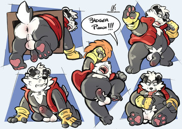 all_fours anthro anus belly big_butt butt clothing erection flaccid genitals glans gloves handwear licking male masturbation multiple_poses oral overweight pawpads penile penis penis_lick pose pubes punch self_lick sex slightly_chubby solo speech_bubble text tongue chemicalkirin bradley_(bradley_the_badger) badger mammal mustelid musteline absurd_res english_text hi_res