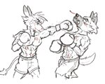 abs anthro blood bodily_fluids boxing boxing_gloves clothed clothing duo fight handwear male muscular muscular_male pecs sport topless v1p3rw01f aggretsuko sanrio haida_(aggretsuko) tadano_(aggretsuko) asinus donkey equid equine hyena mammal spotted_hyena 5:4 black_and_white monochrome