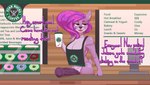 anthro beverage breasts clothing coffee coffee_cup coffee_shop container cup dessert dialogue doughnut food genitals gynomorph hair holding_object intersex mostly_nude nude pastry penis solo text topwear chapaevv starbucks clair_de_lune_(mlp) fan_character deer mammal absurd_res digital_media_(artwork) english_text hi_res