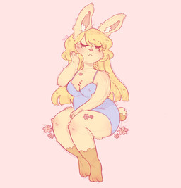 3_fingers 3_toes anthro arm_tuft bangs bent_arm bent_legs blonde_hair blue_clothing blue_dress blush blush_lines breasts brown_feet brown_tail cleavage closed_frown clothed clothed_anthro clothed_female clothing dress eye_through_hair eyelashes eyelashes_through_hair eyes_closed feet female female_anthro fingers flower frown fur hair hand_on_own_face handpaw inner_ear_fluff long_ears medium_breasts mouth_closed nipple_outline paws pink_background pink_flower pink_inner_ear pink_nose plant scut_tail short_tail shoulder_tuft simple_background sitting solo tail tan_body tan_fur tan_tail thick_thighs toes translucent translucent_hair tuft two_tone_tail white_inner_ear_fluff yellow_body yellow_fur suzeart coco_(suzeart) lagomorph leporid mammal rabbit 2024 colored digital_drawing_(artwork) digital_media_(artwork) english_description full-length_portrait guide_lines hi_res portrait