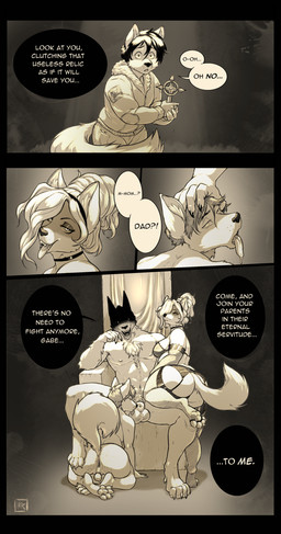 animal_genitalia anthro anthro_on_anthro anus ball_lick ball_ring ball_size_difference balls big_balls bisexual butt celtic_cross celtic_pointed_cross chair chastity_device chest_tuft choker christian_cross christian_symbol claws clothed clothed_male clothing cross crucifix dewclaw dialogue digitigrade dominant dominant_anthro dominant_male exorcism exorcist face_in_shadow failed_attempt female female_anthro fully_clothed fully_clothed_male fully_sheathed furniture genitals group hand_on_head holding_cross holding_object hypnosis jewelry kneeling kneeling_on_ground kneeling_on_partner kneeling_oral_position larger_dom larger_male licking lingerie male male/female male/male male_anthro mature_female mind_control necklace nipples nude nude_anthro nude_male oral pawpads paws raised_tail religion religious_symbol sex sheath shocked size_difference smaller_female smaller_male smile speech_bubble submissive submissive_anthro submissive_female submissive_male surprised tail text throne tongue tongue_out trio tuft underwear underwear_only honest_radish christianity canid canine canis domestic_dog mammal vampire wolf absurd_res comic english_text hi_res multiple_scenes father_(lore) mother_(lore) parent_(lore) son_(lore)