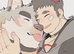 anthro bandage bandage_on_face blep blush duo eyes_closed male male/male smile tongue tongue_out igarashi_ta lifewonders live_a_hero canes_(live_a_hero) sterio canid canine canis domestic_dog human mammal