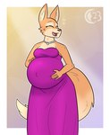 abstract_background anthro belly big_belly big_tail border breasts cleavage clothed clothing digit_ring dress eyebrow_piercing eyes_closed facial_piercing female fluffy fluffy_tail fur hand_on_belly happy jewelry magenta_dress navel navel_outline necklace orange_body orange_fur outie_navel piercing pregnant pregnant_anthro pregnant_female ring silver_(metal) silver_jewelry silver_necklace smile solo star tail tan_body tan_fur wedding_ring white_border chocend dreamworks the_bad_guys diane_foxington canid canine fox mammal dated hi_res watermark