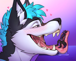 anthro blue_eyes blue_hair blush bodily_fluids bulge close-up clothing cosmic_hair drooling duo ethereal_hair extreme_size_difference fangs femboy fur hair male male/male micro mouth_shot open_mouth oral_vore purple_body purple_fur saliva simple_background size_difference smug soft_vore teeth tongue tongue_out underwear vore vore_tease white_body white_fur willing_prey xab13 lrhr kitsunaki canid canine canis fox mammal wolf 2025 hi_res
