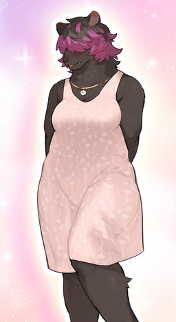abstract_background anthro biped black_body black_fur black_hair blep bodily_fluids breasts clothed clothing female fur hair hair_over_eyes jewelry legs_together medium_breasts necklace one-piece_dress pink_background purple_hair short_hair shy simple_background solo sweat tongue tongue_out bebebebebe two_beasts_or_not_to_beast rai_haijima bear black_bear mammal ursine official_art