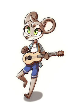 3_toes 4_fingers acoustic_guitar anthro barefoot bottomwear breasts clothed clothing eyelashes feet female fingers fur green_eyes guitar hair musical_instrument pawpads paws pink_pawpads plantigrade plucked_string_instrument shirt shorts simple_background smile soles solo standing string_instrument swimming_trunks swimwear toes topwear miakameron mammal mouse murid murine rodent digital_media_(artwork) full-length_portrait hi_res portrait