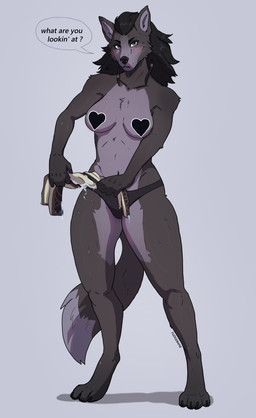 accessory anthro black_hair blue_eyes blush breasts censored_nipples claws clothed clothing dialogue female fur grey_body grey_fur hair hair_accessory heart_symbol looking_at_viewer panties paws pointy_ears prick_ears solo speech_bubble standing text toe_claws topless topless_anthro topless_female underwear wringing fudgebane canid canine canis mammal wolf 2025 absurd_res artist_name censored english_text hi_res