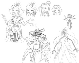 angry anthro big_breasts biped black_body breasts clothed clothing dress female fingers group hat headgear headwear lips mouth_closed multi_arm multi_eye multi_leg multi_limb open_mouth open_smile simple_background smile standing white_background latiar arachnid arthropod