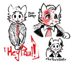 american_psycho anthro blush boy_kisser_(meme) clothed clothing digital_media_(artwork) domestic_cat english_text felid feline felis fur hair hi_res looking_at_viewer male mammal megaomega meme patrick_bateman silly_cat_(mauzymice) simple_background smile solo text white_body white_fur