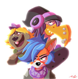 anthro beak beak_piercing black_nose blonde_hair blue_hair brown_body brown_fur brown_nose buckteeth clothed clothing electronics facial_piercing female fur furgonomic_piercing furgonomics green_eyes group hair hat headgear headphones headwear looking_at_viewer male open_mouth open_smile orange_body orange_fur piercing purple_hair simple_background skateboard smile teeth trio vehicle white_background yellow_beak adam_clowery activision crash_bandicoot_(series) unnamed_character accipitriform ailurid avian beaver bird mammal red_panda rodent vulture 2022 bust_portrait hi_res portrait signature