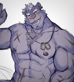 abdominal_scar abs anthro areola arm_scar barbell_piercing biceps big_muscles big_pecs biped cheek_tuft chest_scar chest_tuft deltoids ear_piercing ear_ring ear_scar eyebrows facial_scar facial_tuft fangs fauxhawk forearm_muscles front_view fur gesture gold_(metal) hair humanoid_hands jewelry looking_at_viewer male markings multicolored_hair muscular muscular_anthro muscular_arms muscular_male navel necklace nipple_barbell nipple_piercing nipples nude open_mouth open_smile pecs pendant_only piercing pink_nose purple_areola purple_body purple_fur purple_hair purple_nipples purple_tongue raised_arm red_eyes red_scar ring_piercing scar short_hair simple_background smile solo teeth thick_neck tongue triceps tuft two_tone_hair waving waving_at_viewer whisker_markings white_background white_eyebrows white_hair yellow_sclera purtropos anothereidos_of_dragon_vein_r pino_(anothereidos_r) felid mammal pantherine clip_studio_paint_(artwork) digital_media_(artwork) half-length_portrait hi_res portrait shaded simple_shading sketch