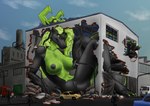 anthro big_breasts black_body black_nipples body_size_growth breasts building building_destruction colored_nails destroyed_building destruction female green_body green_breasts green_eyes green_hair green_nails green_scales hair long_hair macro nails nipples rubble scales sitting size_transformation solo tail transformation warehouse surik334 european_mythology mythology kaya_(knockedoutdragon) dragon mythological_creature mythological_scalie scalie western_dragon absurd_res hi_res