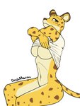 5_fingers anthro bottomless bottomless_anthro bottomless_female breasts brown_nose brown_spots clothed clothing female fingers fur humanoid_hands markings navel shirt sitting solo spots spotted_body spotted_fur topwear undressing yellow_body yellow_fur deskmaniac beastars sheila_(beastars) cheetah felid feline mammal 2023 3:4 hi_res signature