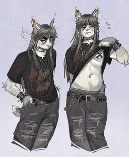 5_fingers :3 alternative_fashion ambiguous_gender anthro band_shirt bangs belly_tuft belt belt_chain black_belt black_choker black_clothing black_jewelry black_necklace black_shirt black_topwear blep bottomwear bracelet cat_smile cheek_tuft chest_tuft chin_piercing choker clothed clothing clothing_lift countershade_arms countershade_face countershade_neck countershading denim denim_bottomwear denim_clothing dipstick_ears dipstick_tail ear_markings ear_piercing emanata eyebrows eyes_closed facial_tuft fingers front_view fur furrowed_eyebrows glare grey_background grey_body grey_bottomwear grey_clothing grey_fur grey_pants hair hand_in_pocket helix_piercing humanoid_hands industrial_piercing inner_ear_fluff jeans jewelry long_hair markings metalhead monolid multicolored_ears navel navel_tuft necklace nipple_tape one_fang pants pasties piercing playful pockets serious_face shirt shirt_lift short_sleeves short_tail simple_background skinny_ambiguous skinny_anthro solo spiked_bracelet spikes stripes t-shirt tail tail_markings tape thick_eyebrows three-quarter_view tongue tongue_out topwear torn_bottomwear torn_clothing torn_jeans torn_pants tuft white_body white_ear_tips white_fingers white_fur white_stripes white_tail_tip wolfertinger hitomi_(wolfertinger) bobtail_cat domestic_cat felid feline felis japanese_bobtail mammal 2026 hi_res portrait three-quarter_portrait trans_(lore) trans_woman_(lore)