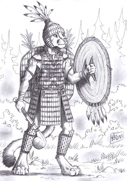 anthro armor biped breastplate club_(weapon) digitigrade greaves headgear helmet holding_club holding_melee_weapon holding_object holding_shield holding_weapon jewelry male male_anthro melee_weapon necklace outside paws plume shield solo warrior weapon 0laffson cougar felid feline mammal 2026 hi_res traditional_media_(artwork)
