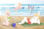 anthro beach breasts bulge butt clothed clothing detailed_bulge female genital_outline genitals group male nipples penis_outline sand_castle sculpture sea seaside sun surf surfboard surfer surfing topless water naoto cupid lagomorph leporid mammal rabbit 3:2 hi_res