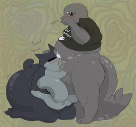 3_toes abstract_background anthro areola back_rolls balls belly belly_on_head big_areola big_balls big_belly big_breasts big_butt big_penis black_claws black_clothing black_eyebrows black_eyes black_shirt black_t-shirt black_topwear blush blush_lines bodily_fluids bottomless bottomless_anthro bottomless_male breasts butt claws clothed clothing duo empty_eyes eyebrows eyewear feet fellatio female female_penetrated fur genitals glasses glistening glistening_butt green_background grey_areola grey_body grey_fur grey_spots hand_on_head hand_on_mouth hand_on_own_mouth holding_breast huge_balls huge_breasts huge_butt huge_penis hyper hyper_butt kneeling long_tail looking_aside male male/female markings moobs navel oral oral_penetration overweight overweight_anthro overweight_female overweight_male paws penetration penile penis penis_in_mouth pink_blush pointy_ears pubes saggy_balls saliva saliva_on_face saliva_on_penis sex shirt short_tail simple_background spots spotted_belly spotted_body spotted_markings spotted_tail standing sweat sweatdrop sweaty_butt sweaty_face t-shirt tail tail_markings text text_on_clothing text_on_shirt text_on_topwear thick_tail thick_thighs thrusting_sound_effect toes topwear wearing_glasses whiskers white_eyebrows white_eyes white_pubes x_navel tnfdarent mewgenics guillotina_(mewgenics) aquatic domestic_cat felid feline felis mammal pinniped seal 2026 artist_name digital_drawing_(artwork) digital_media_(artwork) english_text watermark