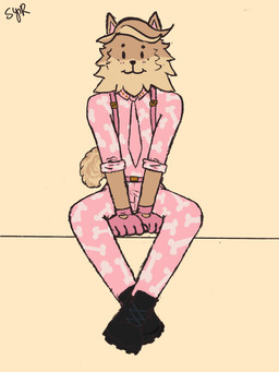 anthro brown_body brown_fur clothing crossed_legs fur male pink_clothing simple_background sitting smile solo tail tan_body tan_fur styxyesrenegade fetch_(fortnite) canid canine canis domestic_dog mammal pomeranian spitz colored digital_drawing_(artwork) digital_media_(artwork) hi_res sketch