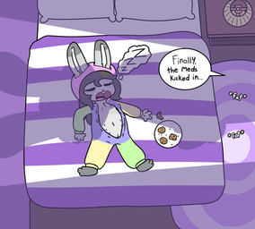 anthro bedroom dresser drugged female furniture genitals lamp masturbation multi_nipple nipples offscreen_character offscreen_male onesie_only onesie_open onesie_undone pillow solo substance_intoxication unconscious vulva young bunnyqueen lagomorph leporid mammal rabbit hi_res