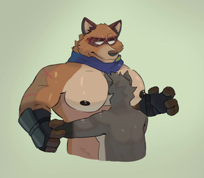 armor breasts clothing gauntlets gloves handwear male nipples pec_play pecs_focus pecs_touching pecs_with_breasts sipcyshepherd epic_games fortnite hajime_(fortnite) canid canine humanoid mammal procyonid raccoon raccoon_dog tanuki r animated no_sound short_playtime video