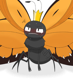 2_antennae 3_fingers 4_legs ambiguous_gender angry antennae_(anatomy) arthropod_abdomen bald black_antennae black_body black_eyes blush bodily_fluids cross-popping_vein crown crying eyespots feral fingers frown headgear markings monotone_body multicolored_wings orange_wings quadruped ruff simple_background solo spread_wings standing sweat tears teeth text white_background wings omnivore_(artist) disney hoppers_(disney) pixar titus_(hoppers) arthropod butterfly insect lepidopteran monarch_butterfly taur 2026 digital_media_(artwork) hi_res japanese_description translated_description