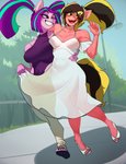 amber_eyes anthro arm_around_shoulders blush bodily_fluids breasts cleavage clothed clothing dress duo female female/female footwear hair hand_around_waist high_heels holding_each_other pigtails ponification ponytail purple_eyes sandals shoes sweat torionion equestria_girls hasbro my_little_pony aria_blaze_(eg) fan_character high_gear_(oc) equid equine horse mammal pony hi_res