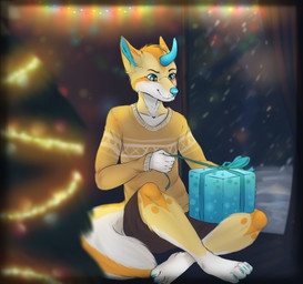 anthro biped christmas_tree clothed clothing crossed_legs gift holidays inside lights male night plant sitting smile snow snowing solo tree window window_seat dafka ozi-rz christmas canid canine mammal