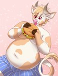 anthro belly big_belly blonde_hair bodily_fluids burger clothed clothing drooling food glistening glistening_eyes hair holding_burger holding_food holding_object male navel open_mouth open_smile orange_body overweight overweight_anthro overweight_male pink_nose red_eyes saliva simple_background smile solo tail tail_tuft tongue tongue_out topless tuft white_body white_hair tiggybloom anthony_(goldiescales) bovid bovine cattle mammal 2019 hi_res