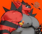 anthro armpit_fetish armpit_hair barazoku biceps big_muscles body_hair candy dessert food holidays looking_at_viewer low-angle_view male muscular muscular_anthro muscular_male nipples orange_background pecs simple_background smile solo text tora_gy halloween nintendo pokemon generation_7_pokemon incineroar pokemon_(species) 2020 english_text