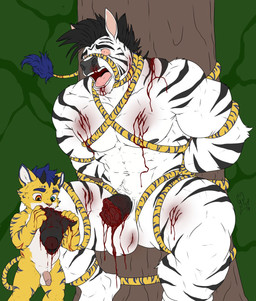 anthro big_penis black_hair blood blood_from_mouth blood_from_penis blood_in_mouth blood_on_face blood_on_fur blue_body blue_eyes blue_fur bodily_fluids cock_and_ball_torture duo feet fur genital_mutilation genital_torture genitals gore gore_focus hair heterochromia horn huge_penis humanoid_genitalia humanoid_penis long_tail male male/male mismatched_genitalia mismatched_humanoid_penis mismatched_penis mohawk muscular muscular_anthro muscular_male muscular_thighs mutilation nipples nosebleed pain pecs penectomy penis penis_eating penis_torture plant red_eyes restrained scratch_mark scratches severed_body_part severed_genitals severed_penis striped_body striped_fur stripes tail torture tree white_body white_fur young hunterramirez hunter_ramirez canid canine canis chimera demon equid equine felid hybrid lion mammal pantherine tiger wolf zebra hi_res