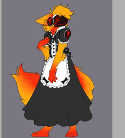 3_toes 4_fingers anthro blush clothed clothing digitigrade embarrassed eyebrows eyes_closed feet fingers florean fur gradient_fur hair machine maid_uniform male multicolored_body multicolored_fur orange_body orange_fur piercing red_body red_eyes simple_background solo tail toes tuft two_tone_body two_tone_fur uniform visor konti_art canid mammal protogen digital_media_(artwork)