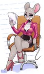 anthro bottomwear bra bra_peek chair choker clothing crossed_legs female footwear furniture high_heels jewelry looking_at_viewer necklace office_chair pencil_skirt secretary shoes sitting skirt solo underwear jamoart geronimo_stilton_(series) thea_stilton_(series) thea_stilton mammal mouse murid murine rodent absurd_res hi_res