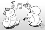 ^_^ dancing duo eyes_closed feral flute male music musical_instrument musical_note musical_symbol scales scutes serpentine simple_background smile symbol tail ventral_scales wind_instrument woodwind_instrument justathereptile mini-justa minijeffron leezord lizard reptile scalie snake 2019 digital_media_(artwork) monochrome sketch watermark