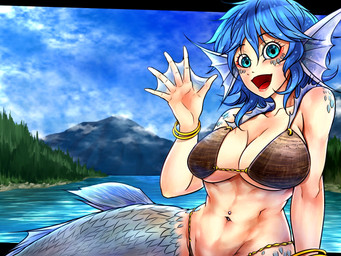 :d big_breasts blue_body blue_eyes blue_hair blue_scales blue_sky bra bracelet breasts clothing day ear_fins female fin forest gesture hair jewelry looking_at_viewer membrane_(anatomy) mountain navel navel_piercing open_mouth open_smile piercing plant scales seashell_bra sky smile solo split_form tree underwear water waving waving_at_viewer webbed_hands ryuuichi_(f_dragon) touhou wakasagihime aquatic merfolk 4:3 hi_res