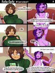 1pervydwarf big_breasts breasts cleavage clothed clothing comic demon demon_humanoid dialogue duo elf english_text eve_(1pervydwarf) female fully_clothed gynomorph_(lore) hi_res huge_breasts humanoid not_furry purple_body purple_skin roxanne_(1pervydwarf) spade_tail tail text