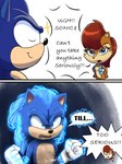 anthro blue_eyes bodily_fluids bottomless breasts canon_couple chibi clenched_teeth clothed clothing dialogue duo electricity facial_tuft featureless_breasts female frown male on_model scut_tail short_tail smile smirk sweat tail teeth topwear topwear_only tuft vest vest_only fliviartoon sega sonic_the_hedgehog_(series) sally_acorn sonic_the_hedgehog eulipotyphlan hedgehog mammal rodent sciurid tree_squirrel hi_res meme
