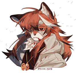 anthro bandage bandage_on_face bandaged_head blood blood_on_face bodily_fluids clothed clothing female fur hair jewelry orange_body orange_fur orange_hair pendant simple_background solo white_background noname_myeong jeanne_(noname_myeong) canid canine fox mammal absurd_res hi_res