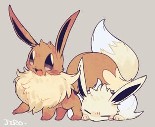 ambiguous_gender brown_body brown_fur dipstick_tail duo eyes_closed feral fluffy fluffy_tail fur grey_background lying markings multicolored_body multicolored_fur on_front open_:3 open_mouth open_smile quadruped simple_background sleeping smile smiling_at_viewer snout tail tail_markings tan_body tan_fur three-quarter_view two_tone_body two_tone_fur white_body white_fur batten12 nintendo pokemon eevee generation_1_pokemon pokemon_(species) shiny_pokemon 2026 digital_drawing_(artwork) digital_media_(artwork) japanese_description signature