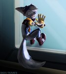 angry anthro blue_eyes climbing_wall cybernetic_arm cybernetic_limb ear_piercing ear_ring eyewear female goggles grey_body hissing on_wall piercing ring_piercing scarf simple_background solo tail conditional_dnp shido-tara ratchet_and_clank sony_corporation sony_interactive_entertainment rivet_(ratchet_and_clank) alien felid feline lombax mammal hi_res