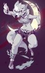 anthro blood bodily_fluids female knife looking_at_viewer midriff navel solo text tongue tongue_out grungecandy canid canine canis mammal wolf 5:8 japanese_text