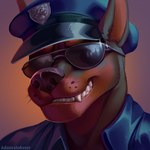 anthro blue_clothing blue_hat blue_headwear brown_body brown_fur clothing eyewear fangs front_view fur glasses grin hat headgear headwear male obscured_eyes simple_background smile solo sunglasses teeth text wearing_glasses admiralobster canid canine canis dobermann domestic_dog mammal pinscher 1:1 artist_name bust_portrait portrait