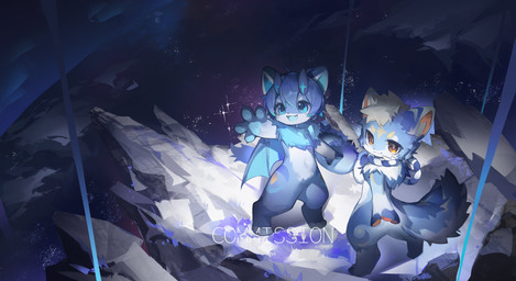 ambiguous_gender anthro blue_eyes duo hand_pawpads high-angle_view horn ice kemono membrane_(anatomy) membranous_wings neck_tuft nude open_mouth open_smile outside smile tuft wings yellow_eyes young young_anthro emolga_1 mammal 2024 absurd_res chinese_description hi_res watermark