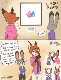 4_fingers anthro art_gallery biped black_nose bottomwear clothed clothed_anthro clothed_female clothed_male clothing confusion conjoined_speech_bubble count countershade_face countershade_tail countershading day_count dialogue dipstick_ears duo ear_markings female female_anthro fingers framed_picture fully_clothed fully_clothed_anthro fully_clothed_female fully_clothed_male fur gloves_(marking) grey_body grey_fur holding_back_laughing humanoid_hands innuendo iris larger_anthro larger_male looking_at_art looking_at_painting male male_anthro markings multicolored_body multicolored_ears multicolored_fur pants philtrum picture_frame pink_nose plantigrade pupils puzzle_piece question_mark red_body red_fur scut_tail shirt shocked short_tail size_difference smaller_anthro smaller_female smile snout speech_bubble tail text tongue topwear two_tone_body two_tone_fur whispering whispering_in_ear white_body white_fur aar0njay disney inktober inktober_2025 zootopia judy_hopps nick_wilde canid canine european_rabbit fox lagomorph leporid mammal oryctolagus rabbit red_fox true_fox 2025 artist_name comic english_text hi_res partially_translated translation_check translation_request