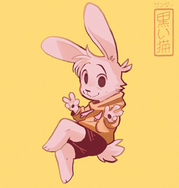 4_fingers anthro black_bottomwear black_clothing black_eyes black_pawpads black_shorts bottomwear clothing fingers gesture hand_gesture hoodie male monotone_background orange_clothing orange_hoodie orange_topwear pawpads pink_body shorts simple_background solo text topwear v_sign yellow_background koiyaroid lagomorph leporid mammal rabbit hi_res japanese_text