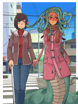 apode armless blind blush bottomwear clothed clothing detailed_background disability duo female heart_symbol legless living_hair pants pseudo_hair red_eyes scarf serpentine shirt snake_hair split_form topwear gamera_(artist) european_mythology greek_mythology mythology draconcopode gorgon human humanoid lamia mammal reptile scalie snake 3:4 hi_res