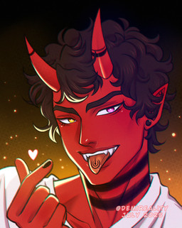 abstract_background brown_hair clothed clothing ear_piercing front_view gauged_ear hair heterochromia humanoid_pointy_ears looking_at_viewer male male_humanoid messy_hair narrowed_eyes open_mouth orange_eyes piercing pointy_ears purple_eyes red_body red_skin red_tongue short_hair solo striped_neck text tongue tongue_out topwear white_clothing white_topwear demireality humanoid imp 2025 artist_name bust_portrait dated hi_res portrait