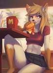 anthro blonde_hair bottomwear burger claws clothing crop_top eating fast_food female food fries fur hair meat panties shirt sitting skirt solo teeth tongue topwear underwear white_body white_fur metonka coca-cola mcdonald's domestic_cat felid feline felis mammal 2023 hi_res